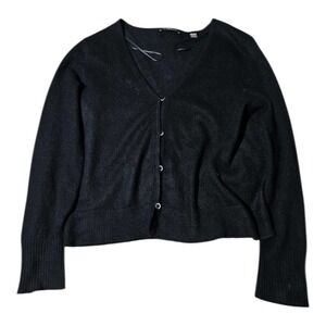 T Tahari Luxury Pure Cashmere Button Up Cardigan Sweater Women Large BLK V-NecK